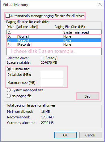 choose Disk to customize virtual memory