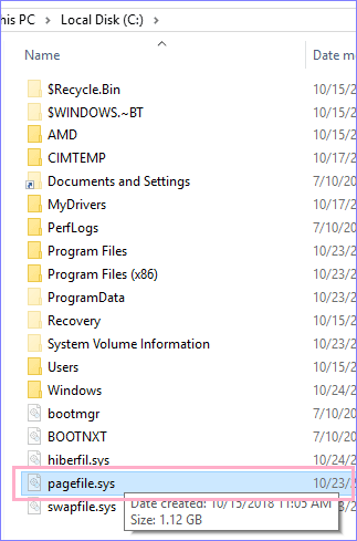 display pagefiles.sys file