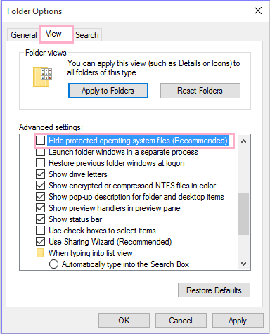 uncheck hide protect operating syatem files option