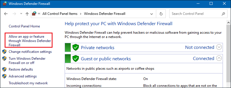 allow an app or feature through firewall