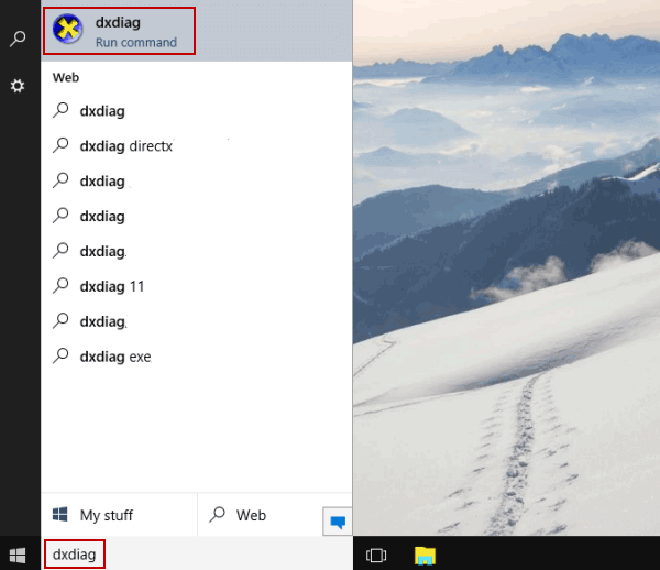 open directx diagnostic tool by search