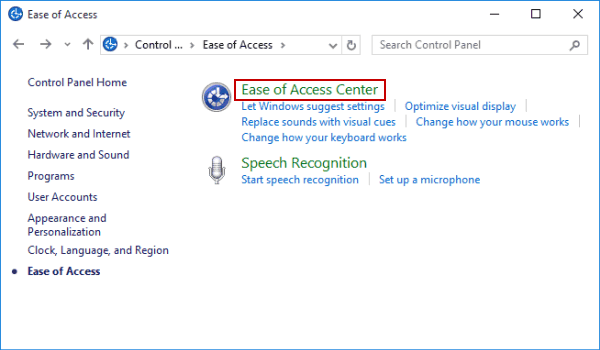 click ease of access center