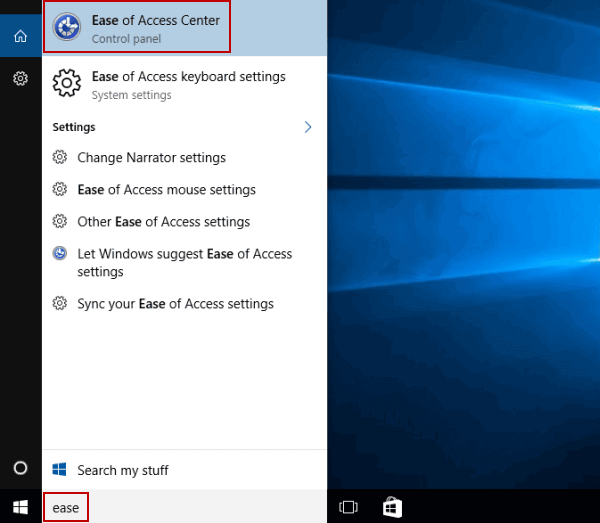 open ease of access center by search