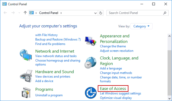 open ease of access center in control panel