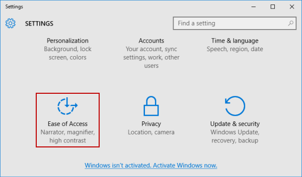 open ease of access center in settings