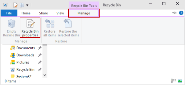 tap Recycle bin properties