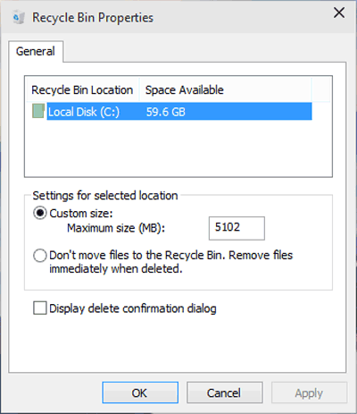 recycle bin properties