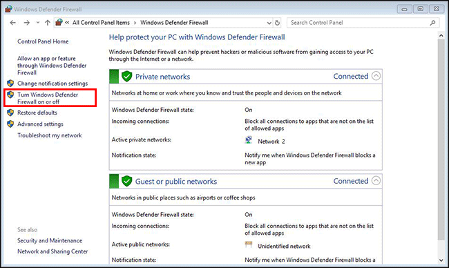  Turn Windows Defender Firewall on or off option