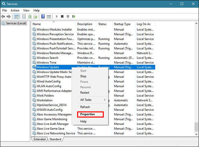  Windows update service properties