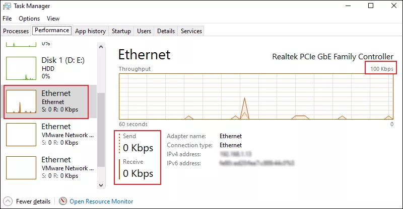 Task Manager to view Network Speed
