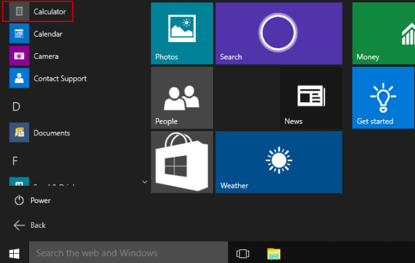 open calculator in Start menu