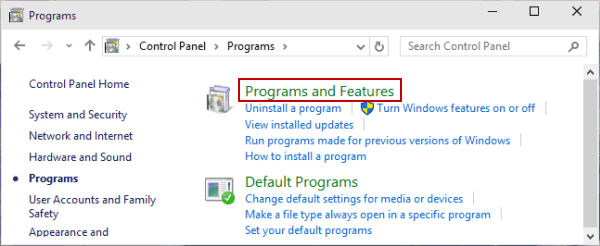 open programs and features in control panel