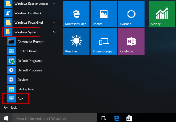 open run in start menu