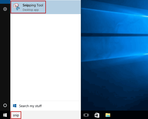 otwórz snipping tool przez wyszukiwanie