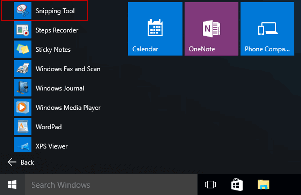 otwórz snipping tool w menu Start