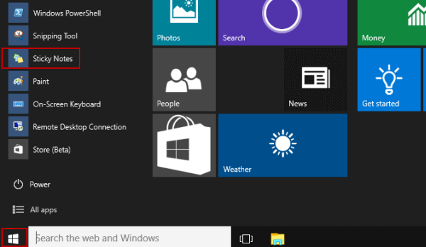 open sticky notes in Start menu