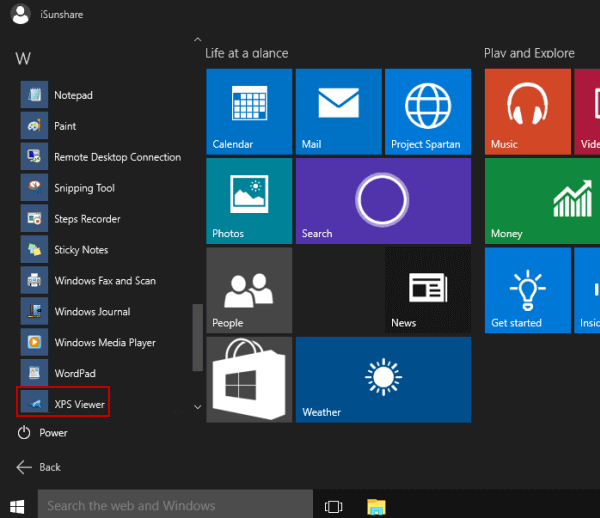 open xps viewer in start menu