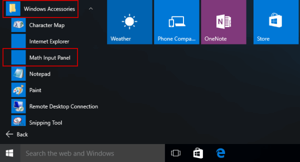 turn on math input panel in start menu