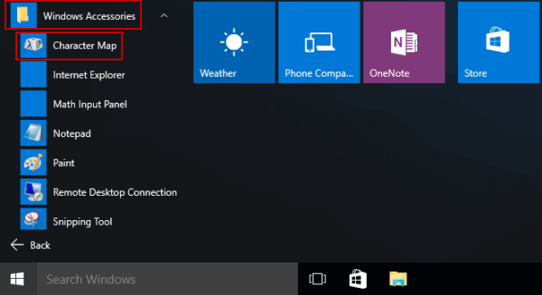 access character map in start menu