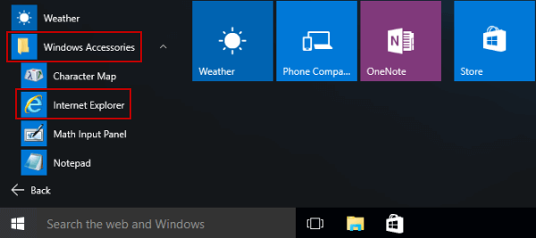 open internet explorer in Start menu