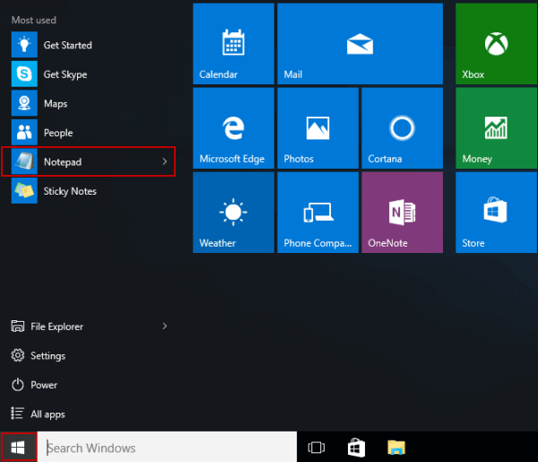 open notepad in start menu