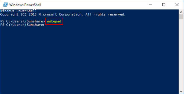 open notepad via windows powershell