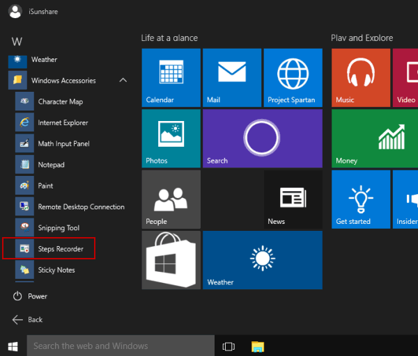 open steps recorder in start menu