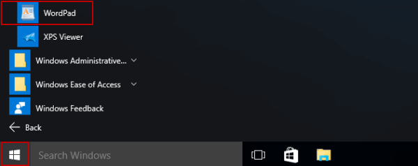open wordpad in start menu