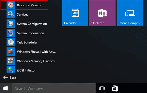 access resource monitor in start menu