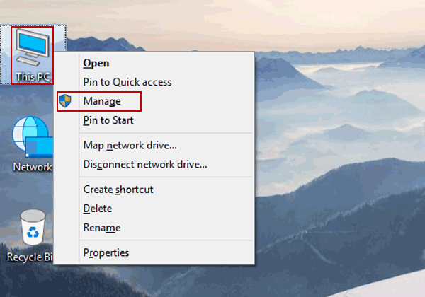 right tap This PC and click Manage