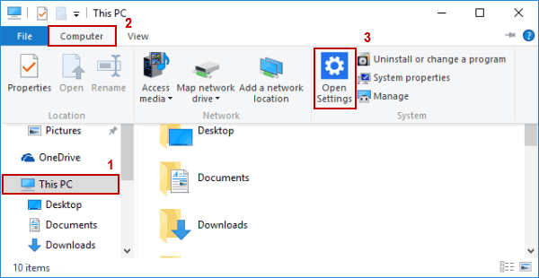 access settings in File Explorer