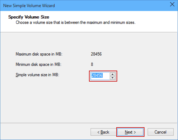 specify volume size