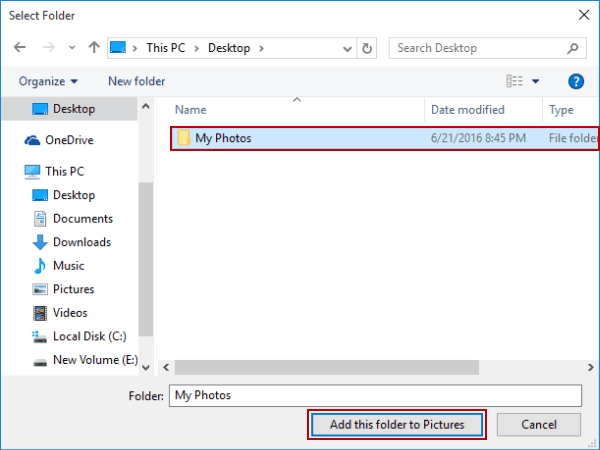 add selected  folder to pictures