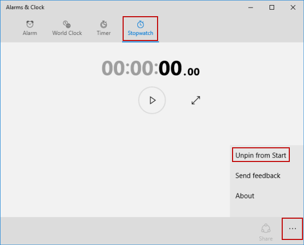 unpin stopwatch from start menu