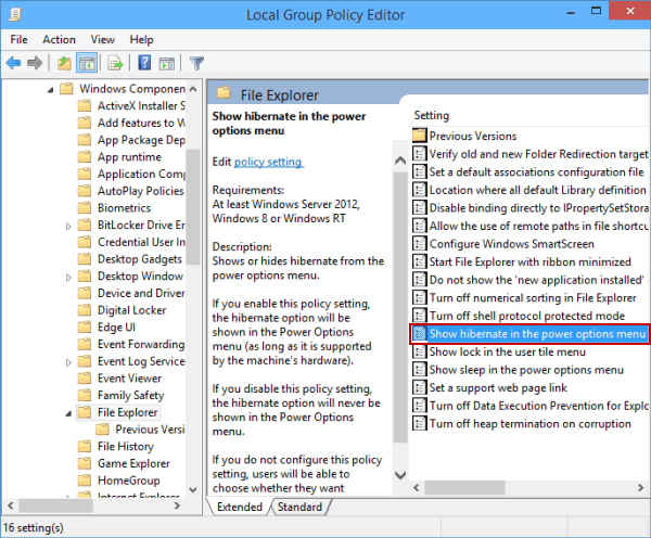 find show hibernate in power options menu