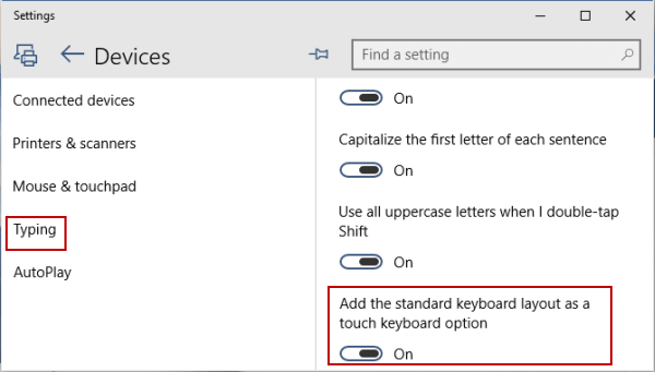 turn on Touch Keyboard setting