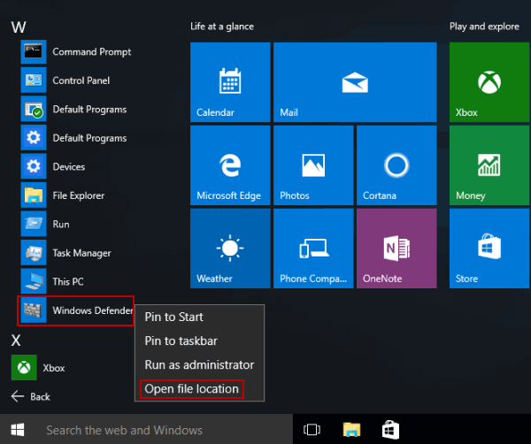 open file locaton of Windows defender