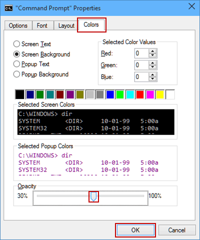 specify command prompt Windows opacity