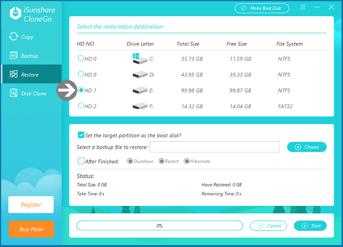 choose the restoration destination in ssd