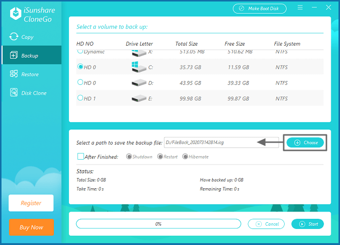 select the partition to save the backup