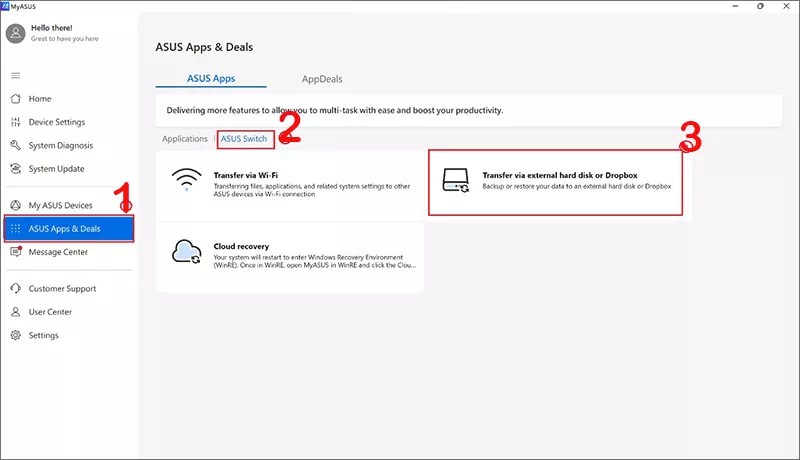 click Transfer via external hard disk option