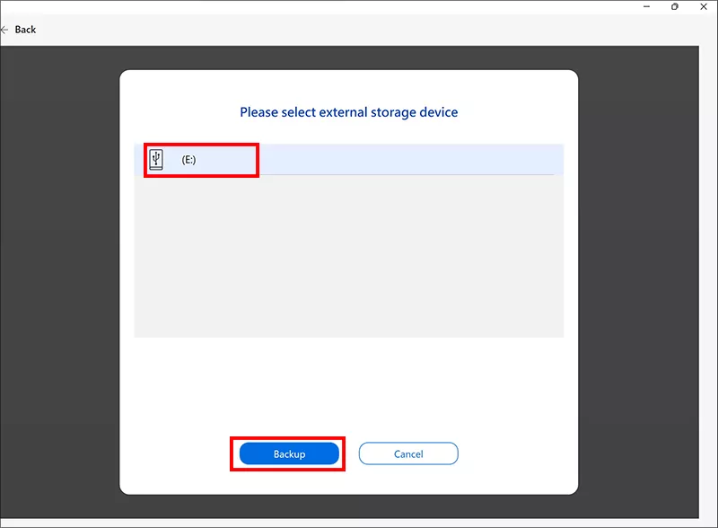 select external hard dirve and click Backup