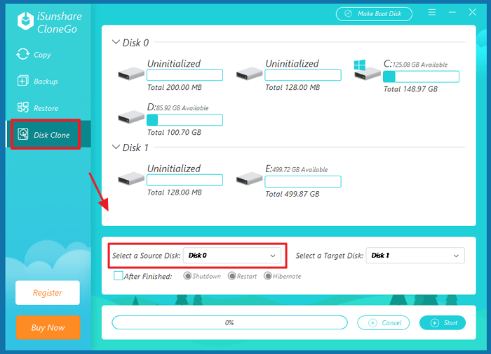 click disk clone and choose original disk