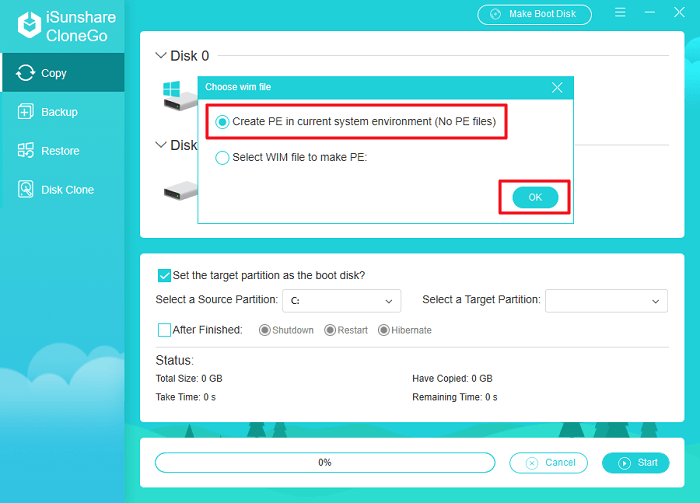  click create PE in current system environment option