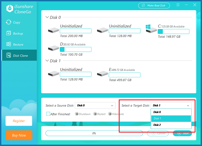 select external hard drive as target disk