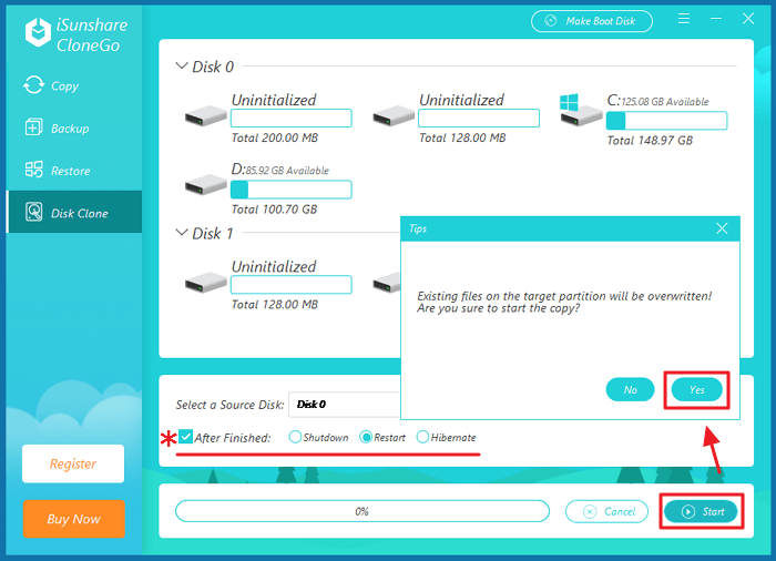 start cloning disk