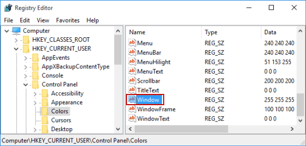 open window value in colors