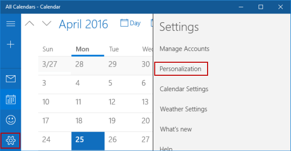 open personalization settings in calendar