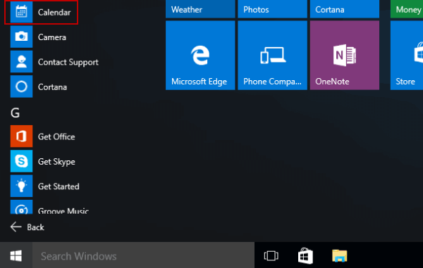 open calendar in start menu