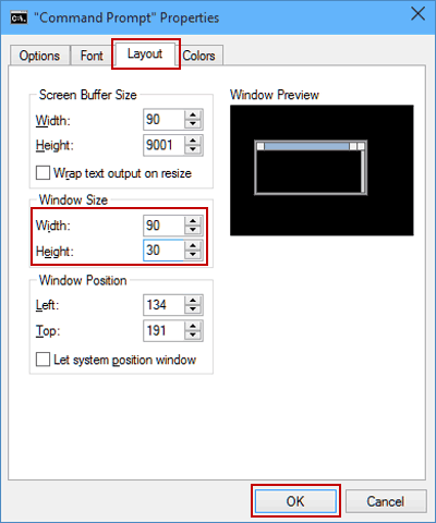 change command prompt Windows size